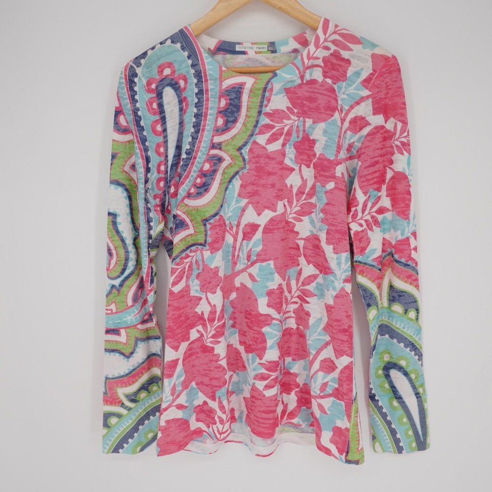Whimsy Rose Baby Waffle Long Sleeve Top Women Pink Floral XL Boho USA Casual